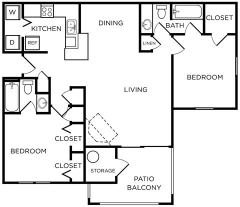 Floor plan for 2 beds, 2 baths, 1007 sqft